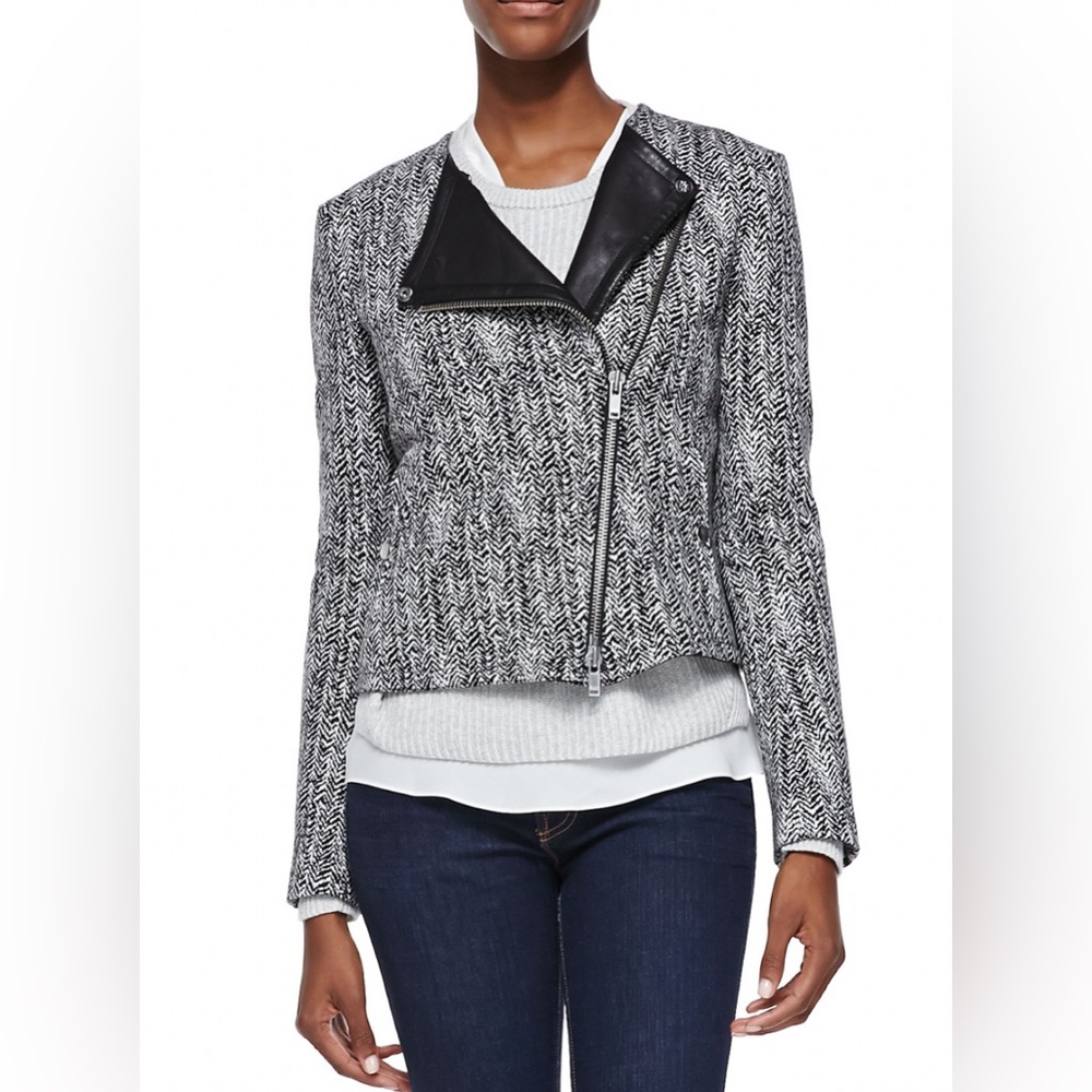 Theory Joean Herringbone Leather-Trim Jacket - Gem